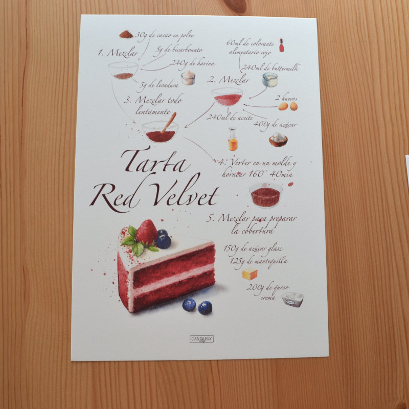 Print acuarela tarta Red Velvet (A4) | Receta ilustrada | Candlely shop