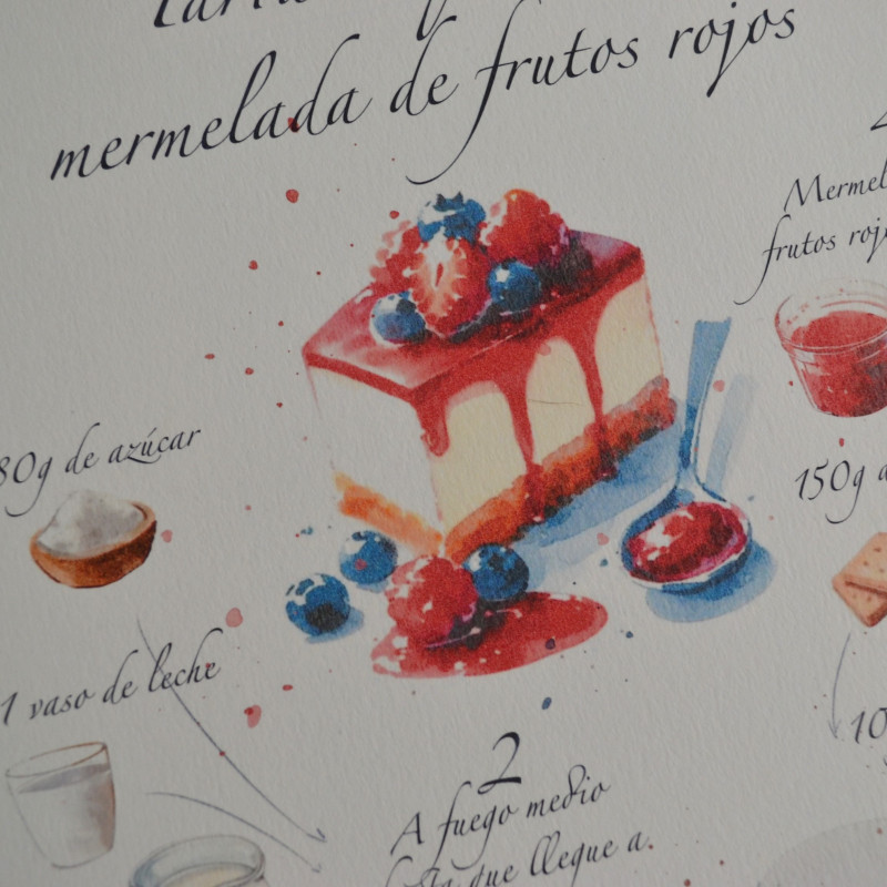 Print acuarela Tarta de Queso con frutos rojos (A4) | Receta ilustrada | Candlely shop