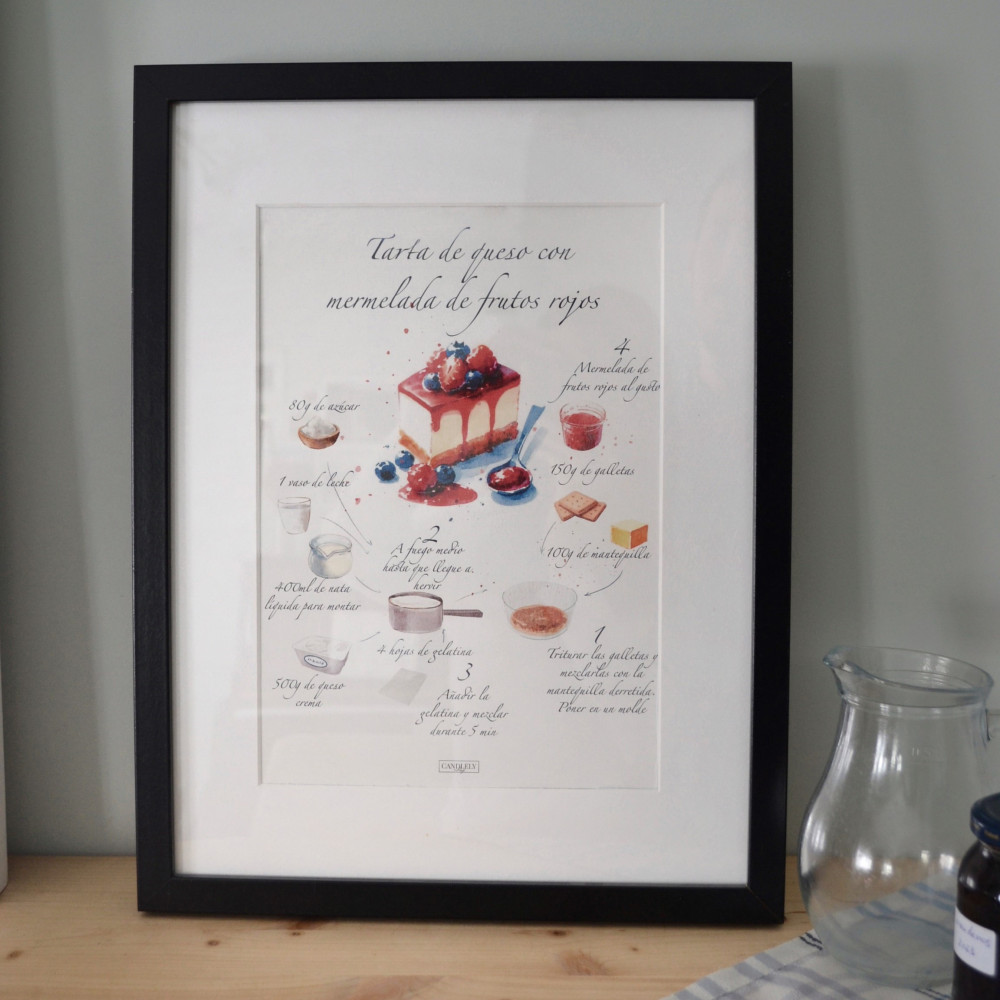 Print acuarela Tarta de Queso con frutos rojos (A4) | Receta ilustrada | Candlely shop